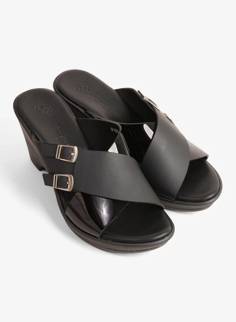 Comfort Plus COMFORT PLUS WEDGE MULES WITH DOUBLE BUCKLE BLACK